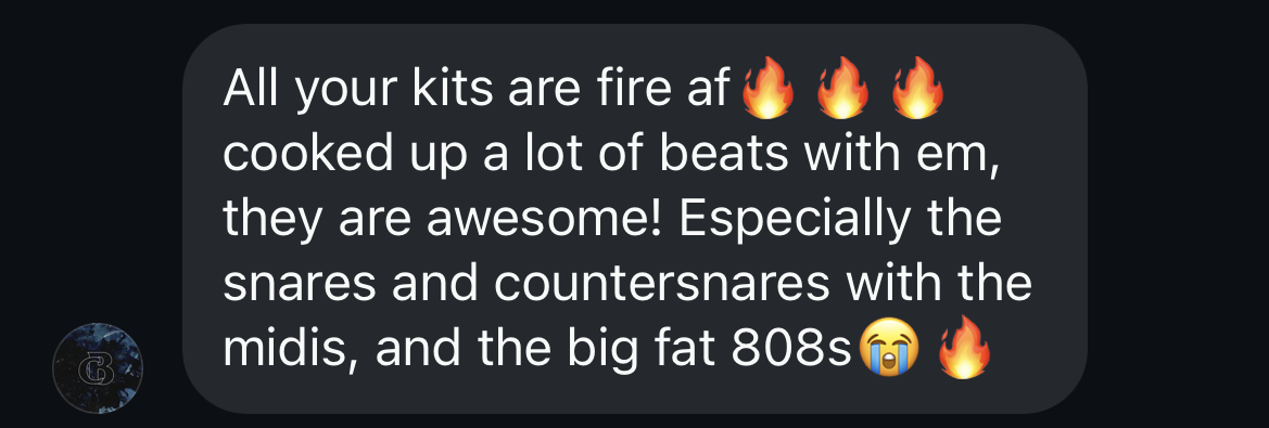 Producer feedback message about jsewellbeats drum kits