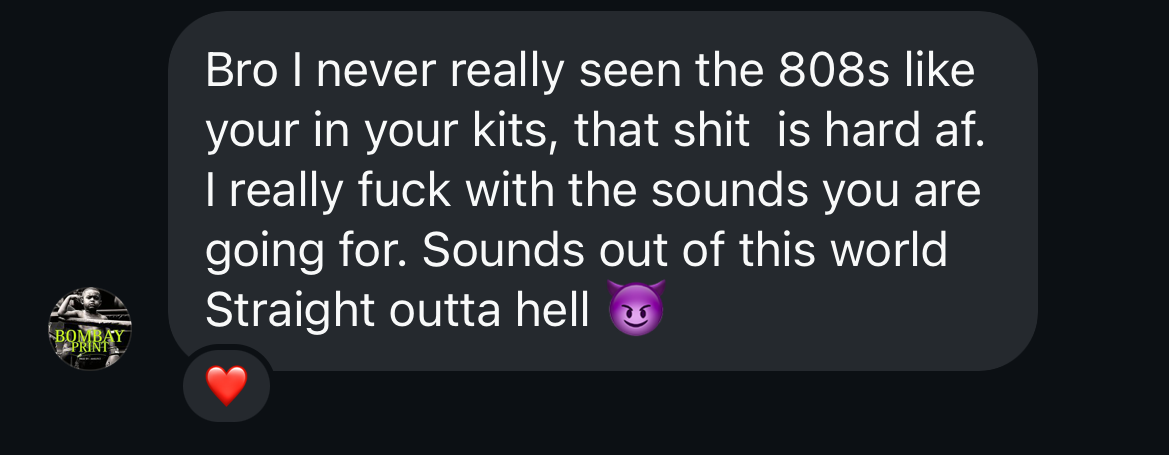 Producer feedback message about jsewellbeats drum kits